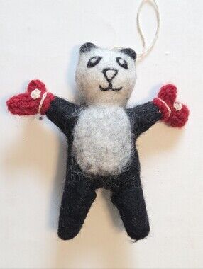 Vintage Handmade Felt Ornament Panda Knitted Mittens 5.5” X 5”